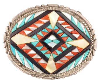 Signed Navajo Sterling Cobblestone Inlay Belt Buckle