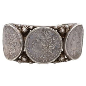 Vintage Navajo Sterling 1890's Morgan Dollar Coin Cuff Bracelet