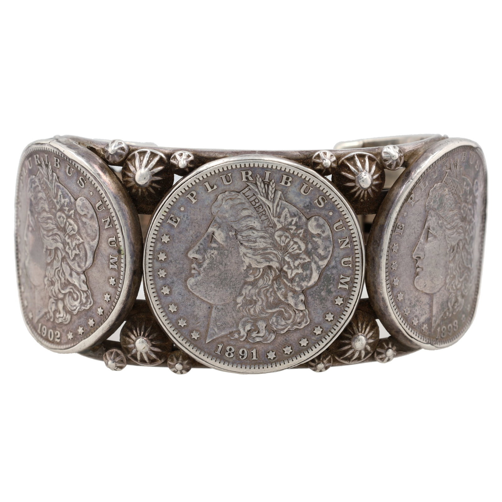 Vintage Navajo Sterling 1890's Morgan Dollar Coin Cuff Bracelet (1 of 7)