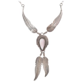 Navajo Sterling Mother of Pearl Feather Necklace