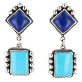PK Benally Navajo Sterling Turquoise and Lapis Lazuli Earrings