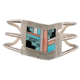 Signed Navajo Sterling Multi Stone Inlay Cuff Bracelet