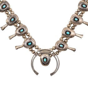 Vintage Navajo Sterling Turquoise Shadow Box Squash Blossom Necklace