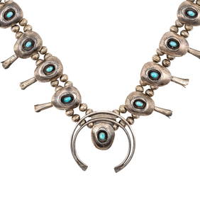 Vintage Navajo Sterling Turquoise Shadow Box Squash Blossom Necklace (1 of 6)