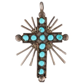 Vintage Zuni Sterling Turquoise and Coral Reversible Cross Pendant