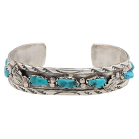 Signed LL Zuni Sterling Turquoise Cuff Bracelet