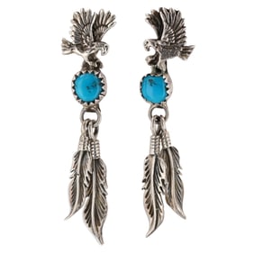 Richard Begay Navajo Sterling Turquoise Eagle Dangle Earrings