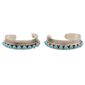 Signed Navajo Sterling Kingman Turquoise Hoop Earrings