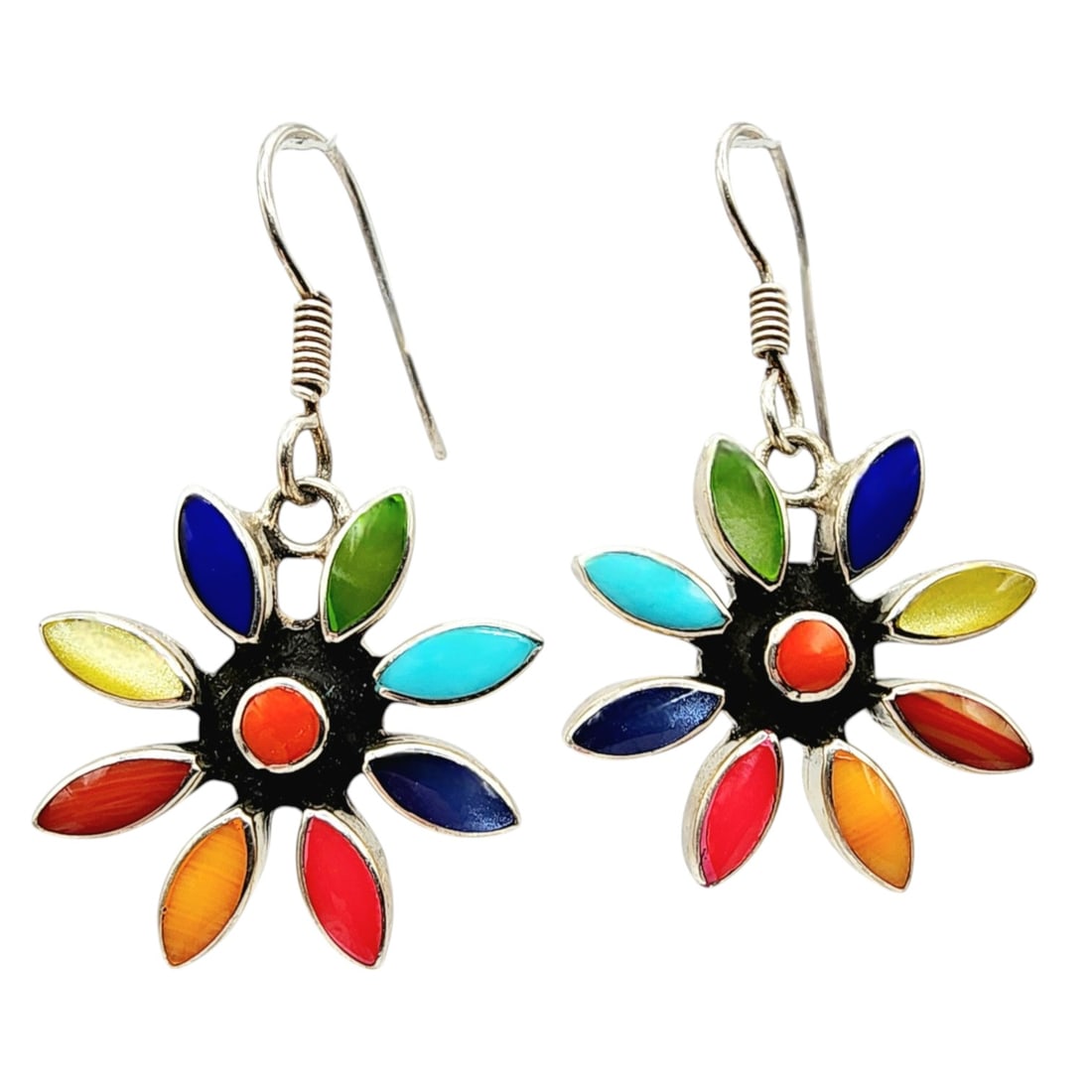 Sterling Taxco TC-45 Colorful Multistone Flower Dangle Earrings