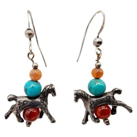 Sterling Artisan Signed Turquoise Horse Dangle Earrings