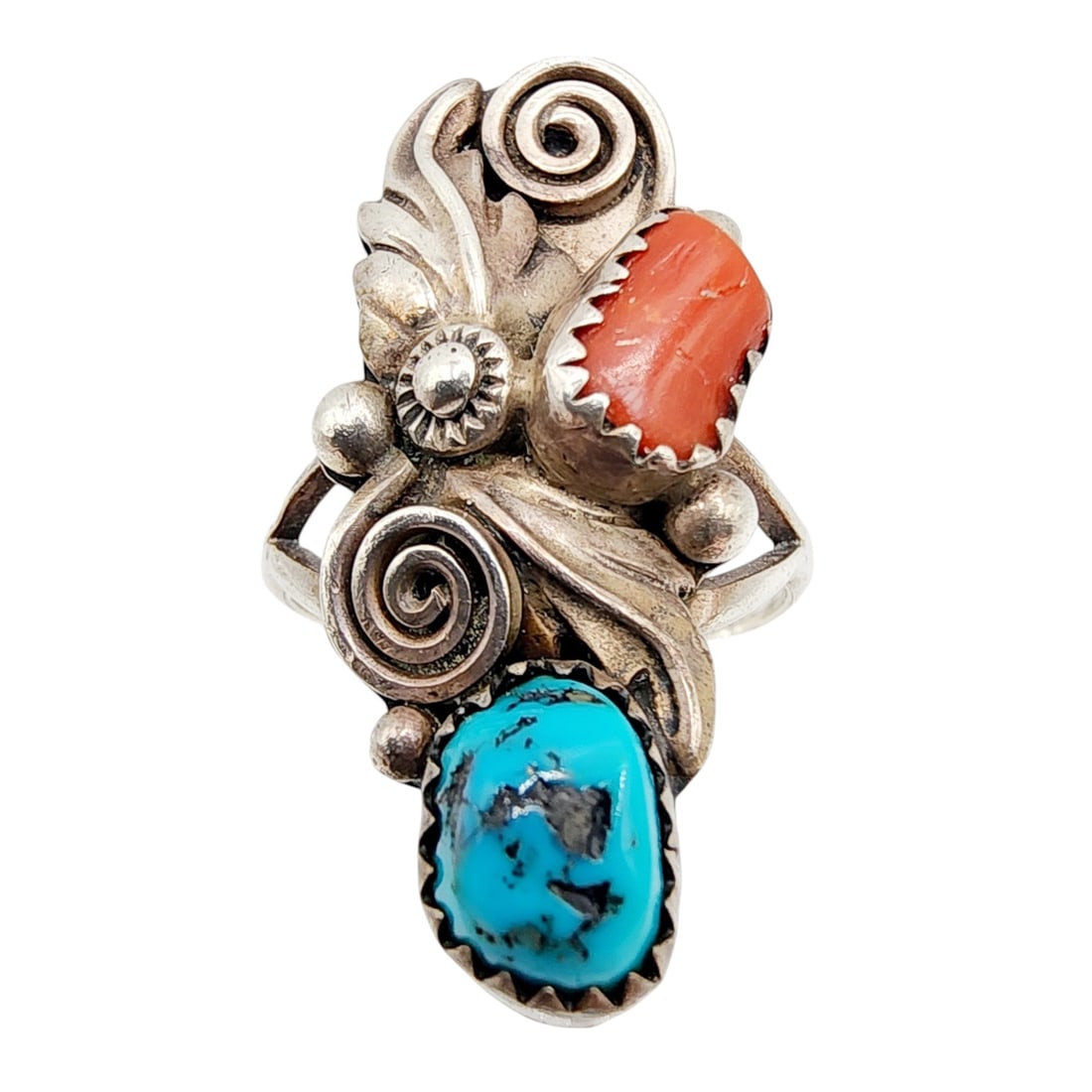 Sterling Navajo Turquoise Coral Spiral Ring Sz 8: Sterling Navajo Turquoise Coral Spiral Ring Sz 8 5.4g