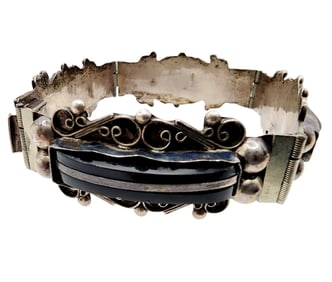 Sterling Icuala MBM Mexico Onyx Scroll Panel Bracelet