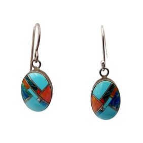 Sterling Navajo Turquoise Inlay Dangle Earrings