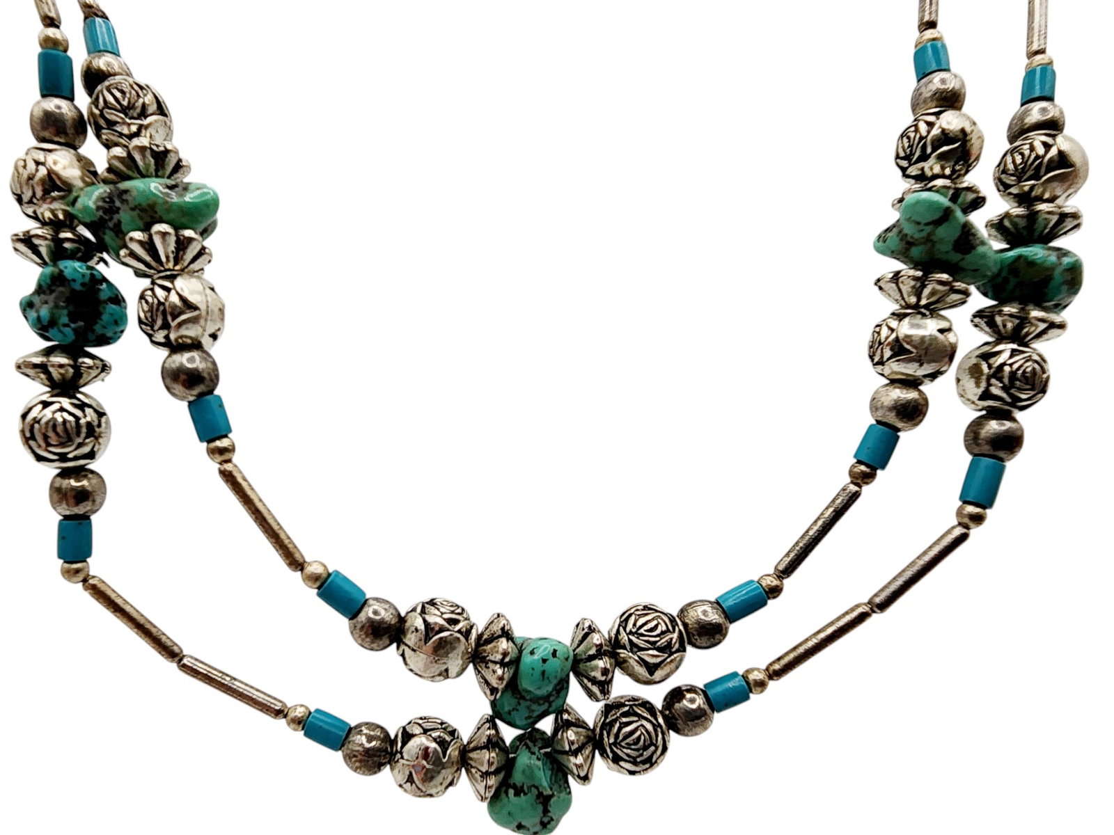 Sterling Liquid Silver Double Strand Turquoise Microbead Necklace (1 of 6)