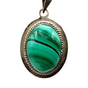 Sterling Signed Southwest Malachite Oval Pendant