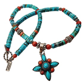 Sterling Paige Wallace Southwestern Turquoise Coral Heishe Necklace