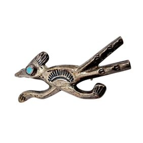 Sterling Navajo Turquoise Roadrunner Brooch