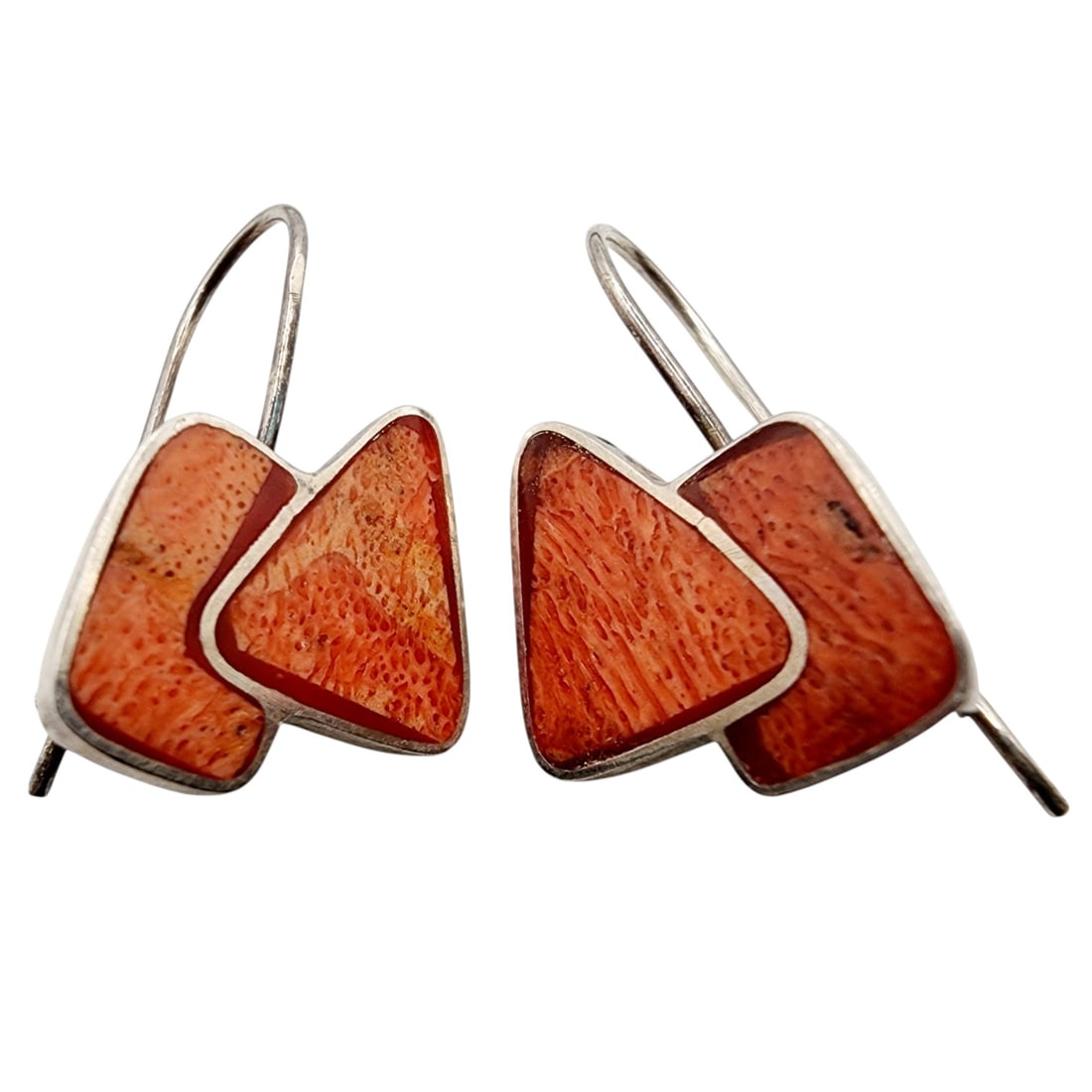 Sterling Crushed Coral Inlay Geometric Drop Earrings (1 of 2)