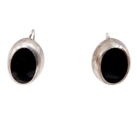 Sterling Taxco TU-42 Onyx Oval Dangle Drop Earrings
