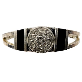 Sterling Signed Mexico Onyx Aztec/Mayan Calendar Bracelet