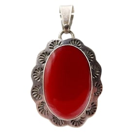 Sterling Taxco TM-13- Handstamped Coral Oval Pendant