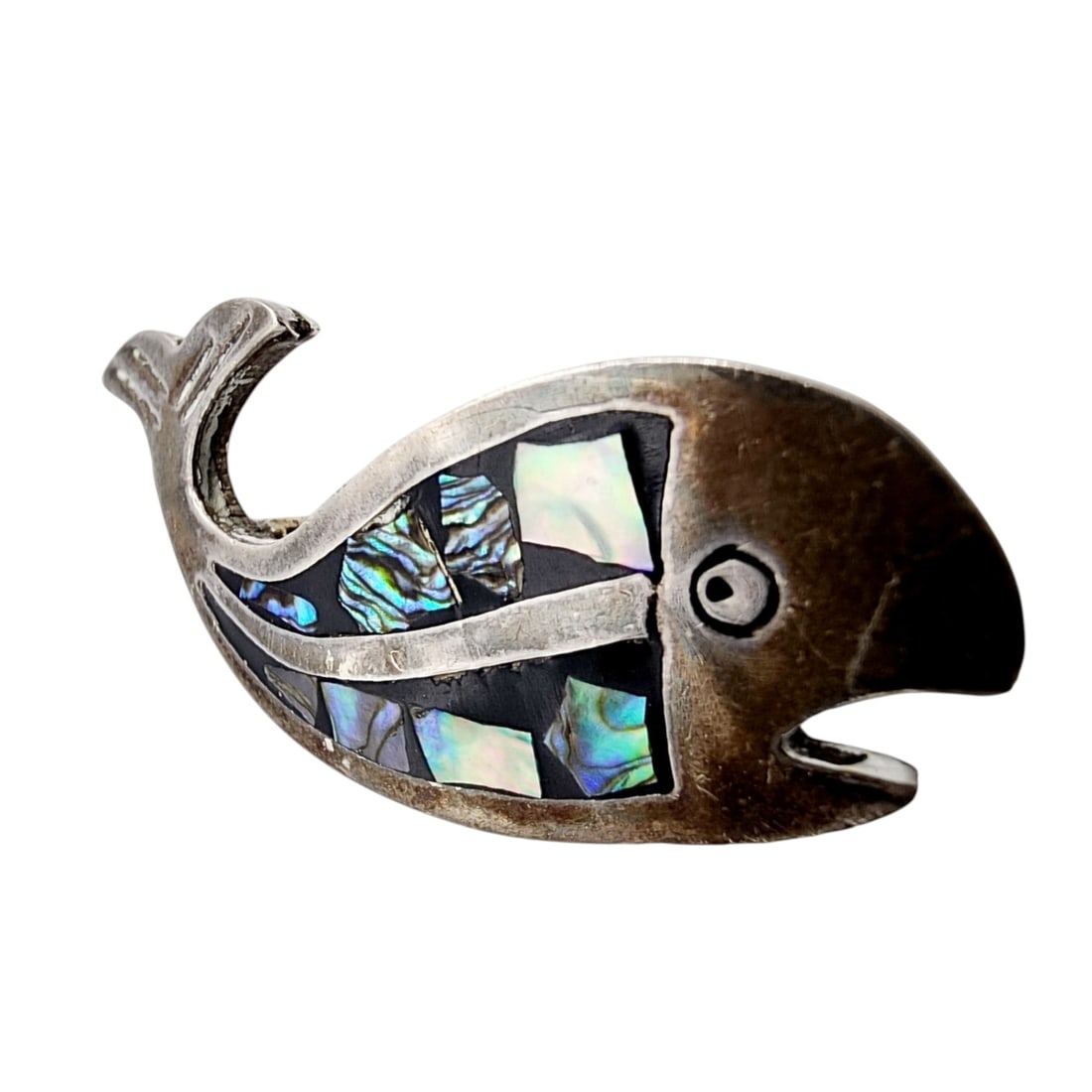 Sterling Mexico Onyx Abalone Inlay Whale Brooch: Sterling Mexico Inlaid Onyx Abalone Whale Brooch 8g