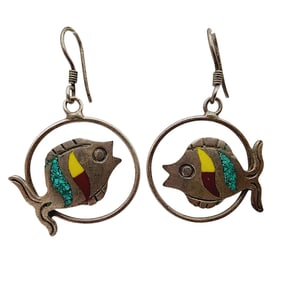 Sterling Mexico Inlay Fish Hoop Dangle Earrings