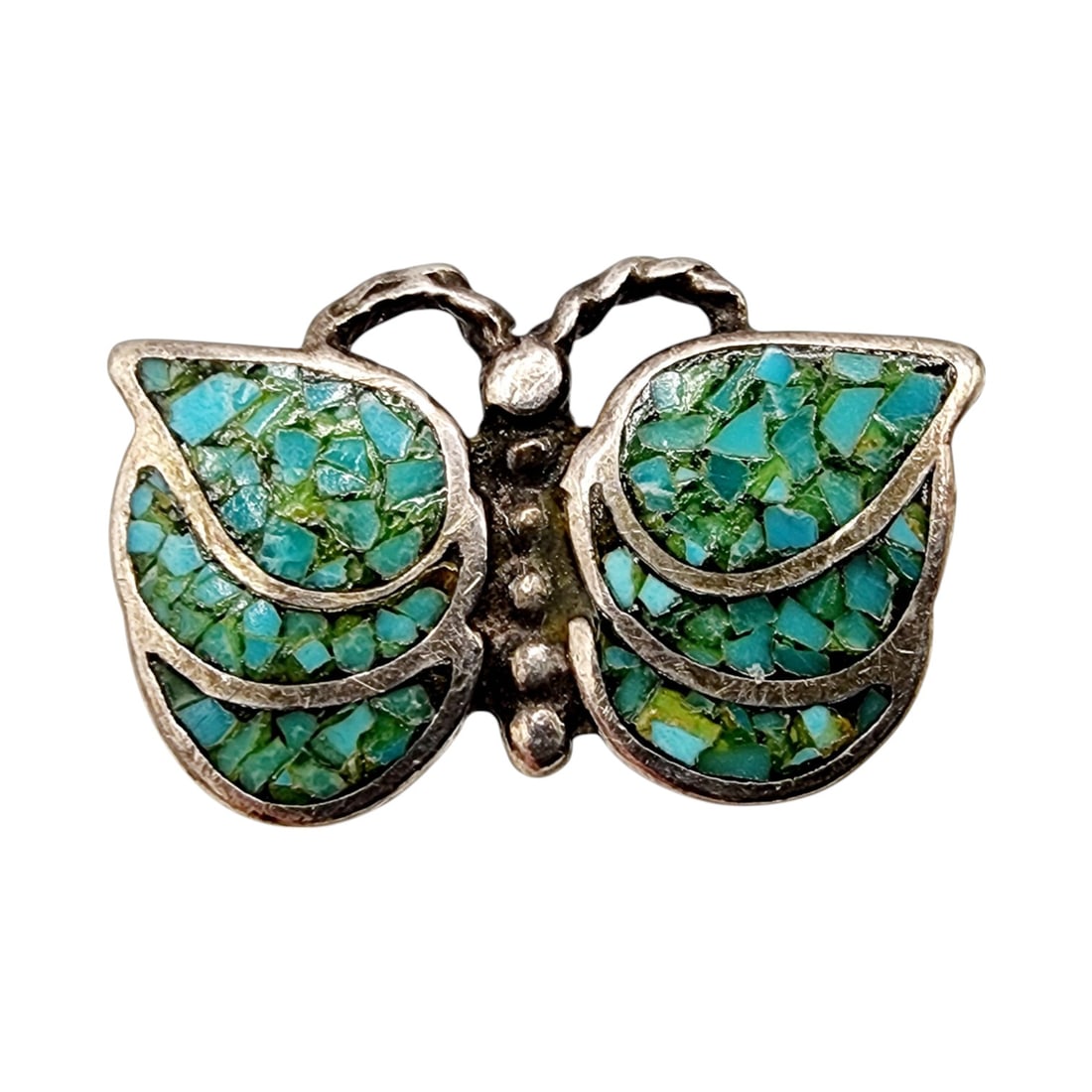 Sterling Navajo Crushed Turquoise Butterfly Ring SZ 5.25: Sterling Native Crushed Turquoise Butterfly Ring SZ 5.25, 4.6g