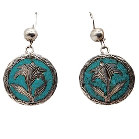 Sterling Mexico Crushed Turquoise Inlay Flower Dangle Earrings