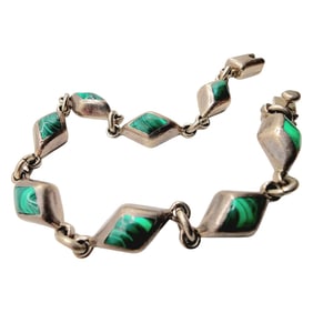 Sterling Taxco TO-90 Diamond Malachite Inlay Link Bracelet