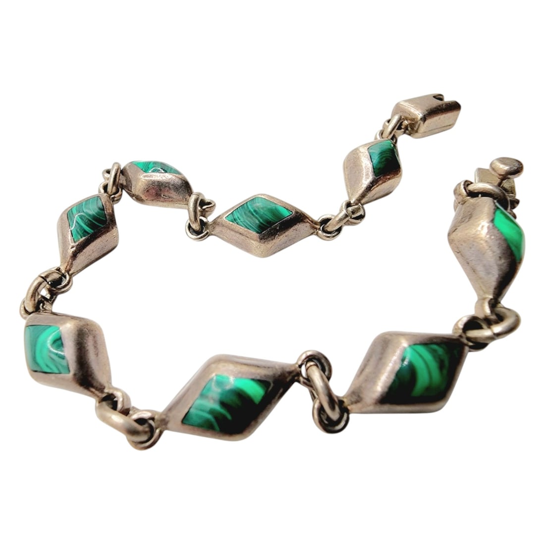 Sterling Taxco TO-90 Diamond Malachite Inlay Link Bracelet: Sterling Taxco TO-90 Diamond Malachite Inlay Link Bracelet 20.2g