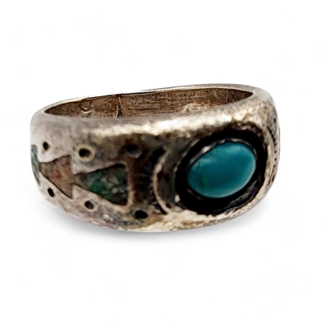 Sterling Native Picto-signed? Turquoise Inlay Ring SZ 6.25 (1 of 6)
