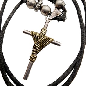 Sterling Signed Laton Taxco TL-76 Wrapped Cross Pendant with Black Beaded Cord