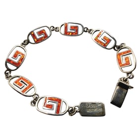 Sterling 950 Signed ME-61 Mexico Fire Opal? Inlay Greek Key Link Bracelet