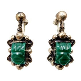 Signed Vintage Carved Alpaca Jade Aztec Warrior Dangle Earrings