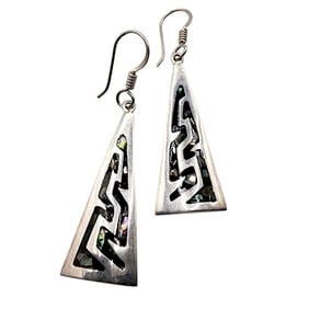 Sterling Taxco TU-08 Triangle Inlay Dangle Earrings