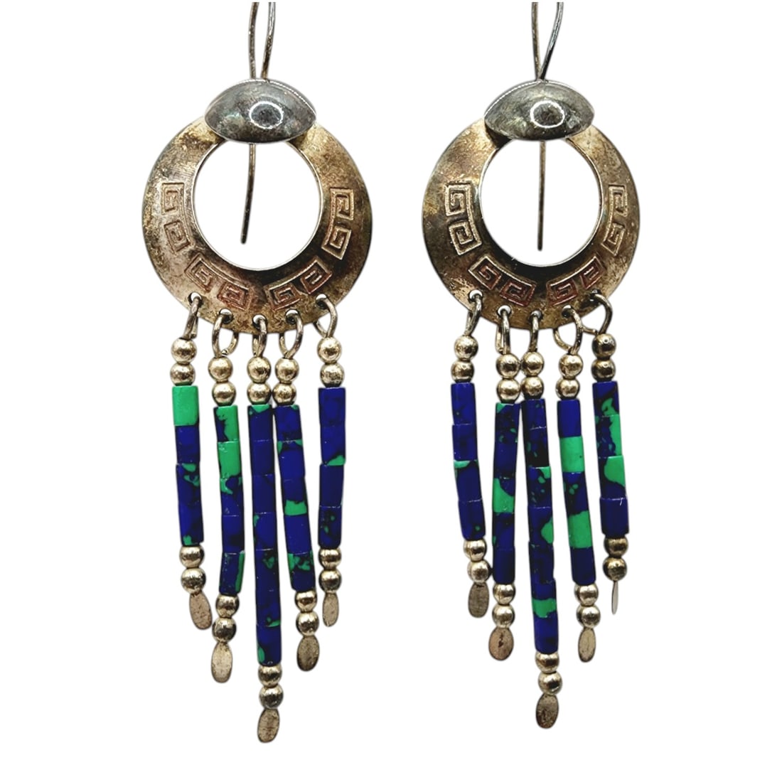 Sterling Southwest Azurite Beaded Dangle Earrings: Sterling Native Azurite Beaded Dangle Earrings 5.8g