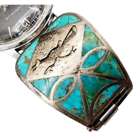 Sterling Vintage Navajo Turquoise Inlay Roadrunner Watch Tips & Watch