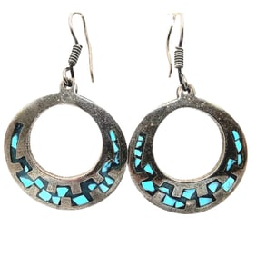 Sterling Taxco TB-148 Turquoise Inlay Dangle Earrings