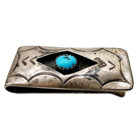 Sterling Navajo Turquoise Handstamped Money Clip