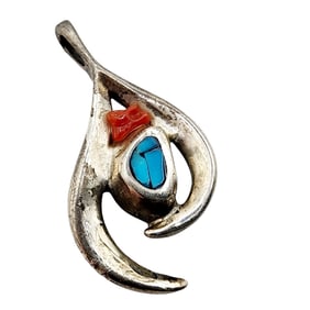 Sterling Signed Navajo Coral Chip Turquoise Inlay Pendant