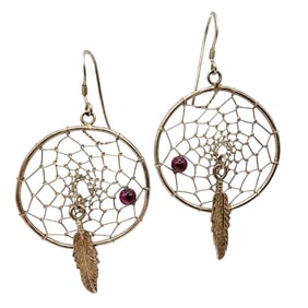 Sterling Southwest Signed Dreamcatcher Hoops w/ Feather Dangle Charm