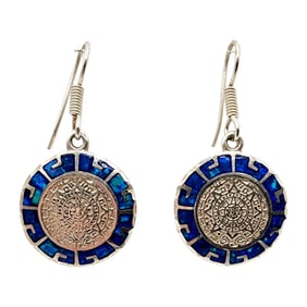 Sterling 950 Signed Taxco Blue Opal Inlay Sun Calendar Disc Earrings