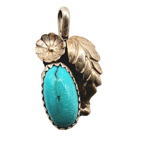 Sterling Navajo Turquoise Feather Pendant