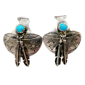 Sterling Navajo Handstamped Basket Turquoise Feather Dangle Earrings
