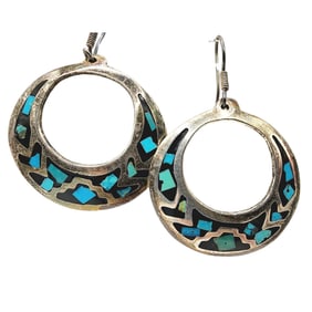 Sterling Taxco Mexico Turquoise Onyx Inlay Dangle Earrings