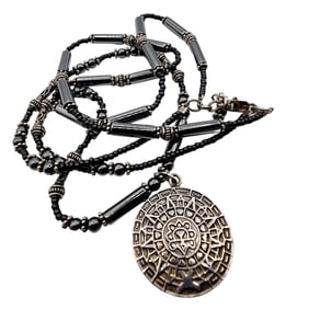 Sterling Mayan/Aztec Medallion Hematite Beaded Double Strand Necklace