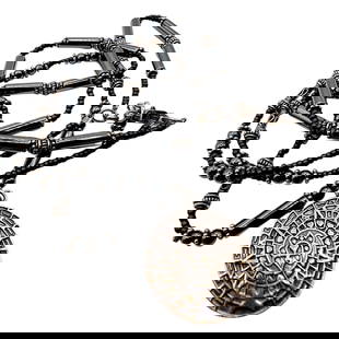 Sterling Mayan/Aztec Medallion Hematite Beaded Double Strand Necklace: Sterling Mayan/Aztec Medallion Hematite Beaded Double Strand Necklace 42.4g
