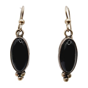 Sterling Navajo Signed 'R' Onyx Dangle Earrings