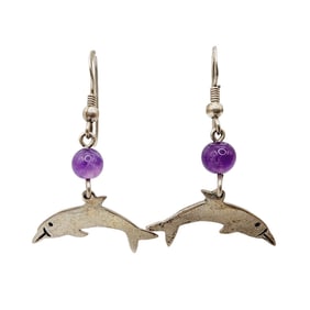 Sterling Mexico Amethyst Dolphin Dangle Earrings